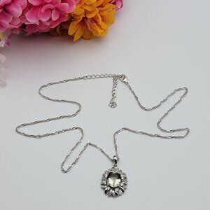 Clear Aqua Green Crystal Pendant Necklace 22 Inch Adj. Silver Plated